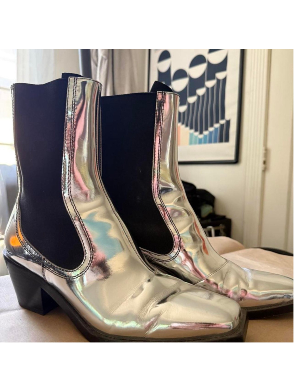 Loeffler Randall silver metallic leather ankle boots featuring a striking mirror